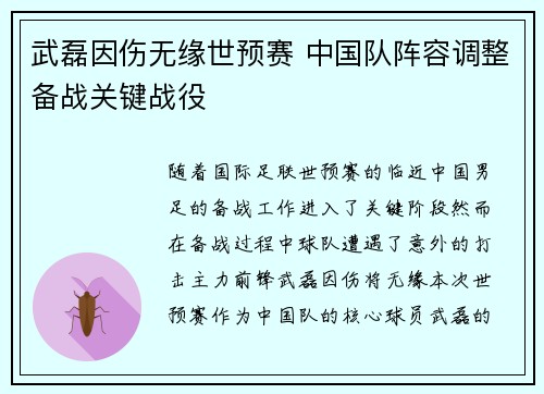 武磊因伤无缘世预赛 中国队阵容调整备战关键战役