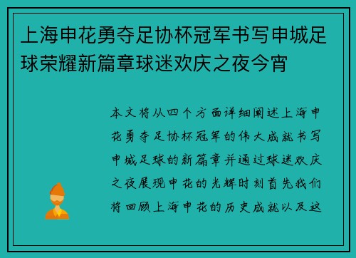 上海申花勇夺足协杯冠军书写申城足球荣耀新篇章球迷欢庆之夜今宵