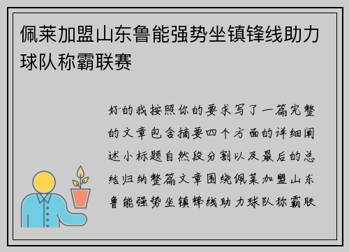 佩莱加盟山东鲁能强势坐镇锋线助力球队称霸联赛